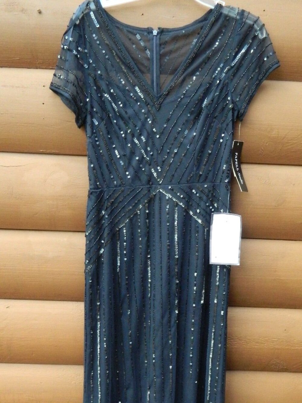 Papell Studio Deep Blue Beaded Vee Neck Long Dress Size 6